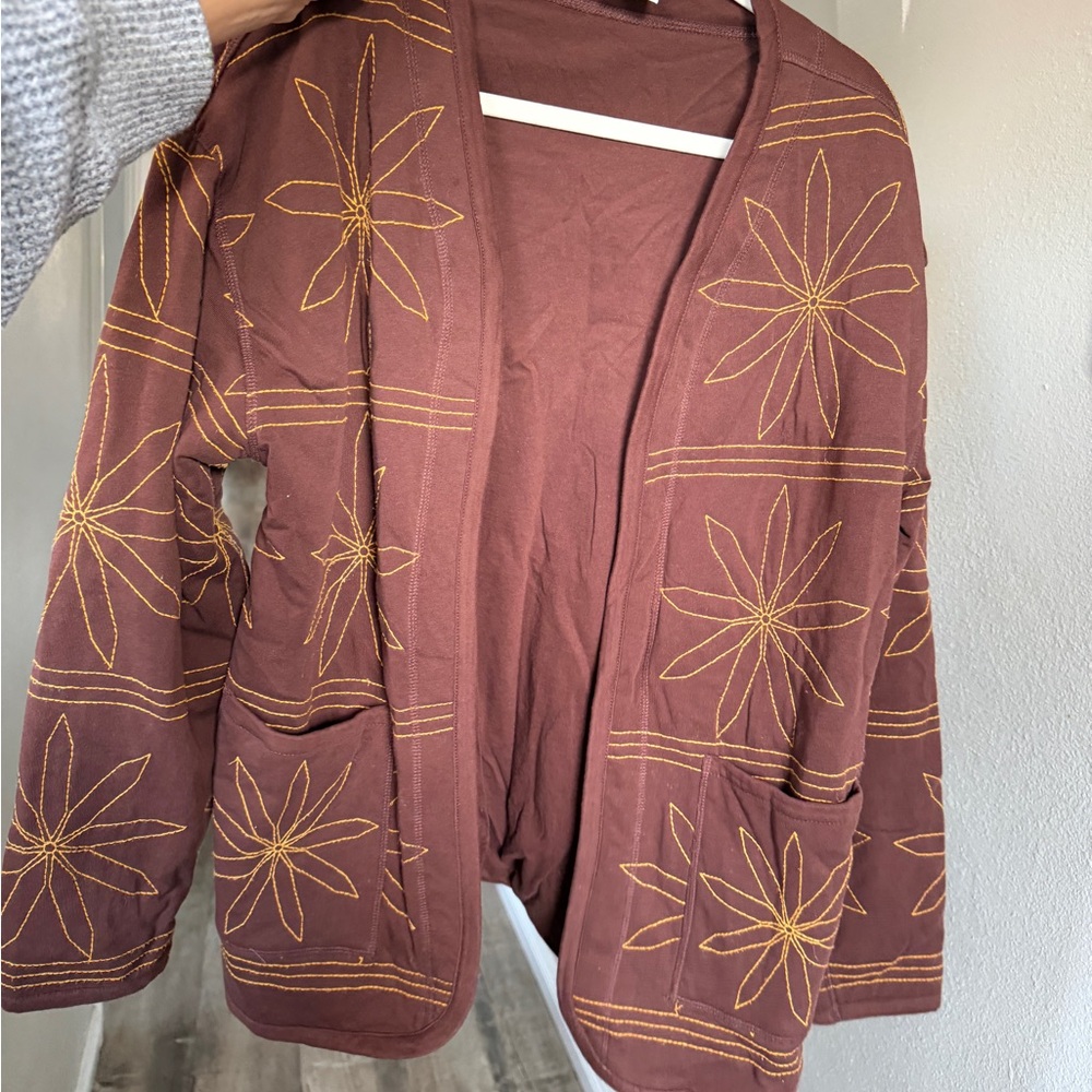 Zara Brown Burgundy Embroidered Women's Sweater Cardigan